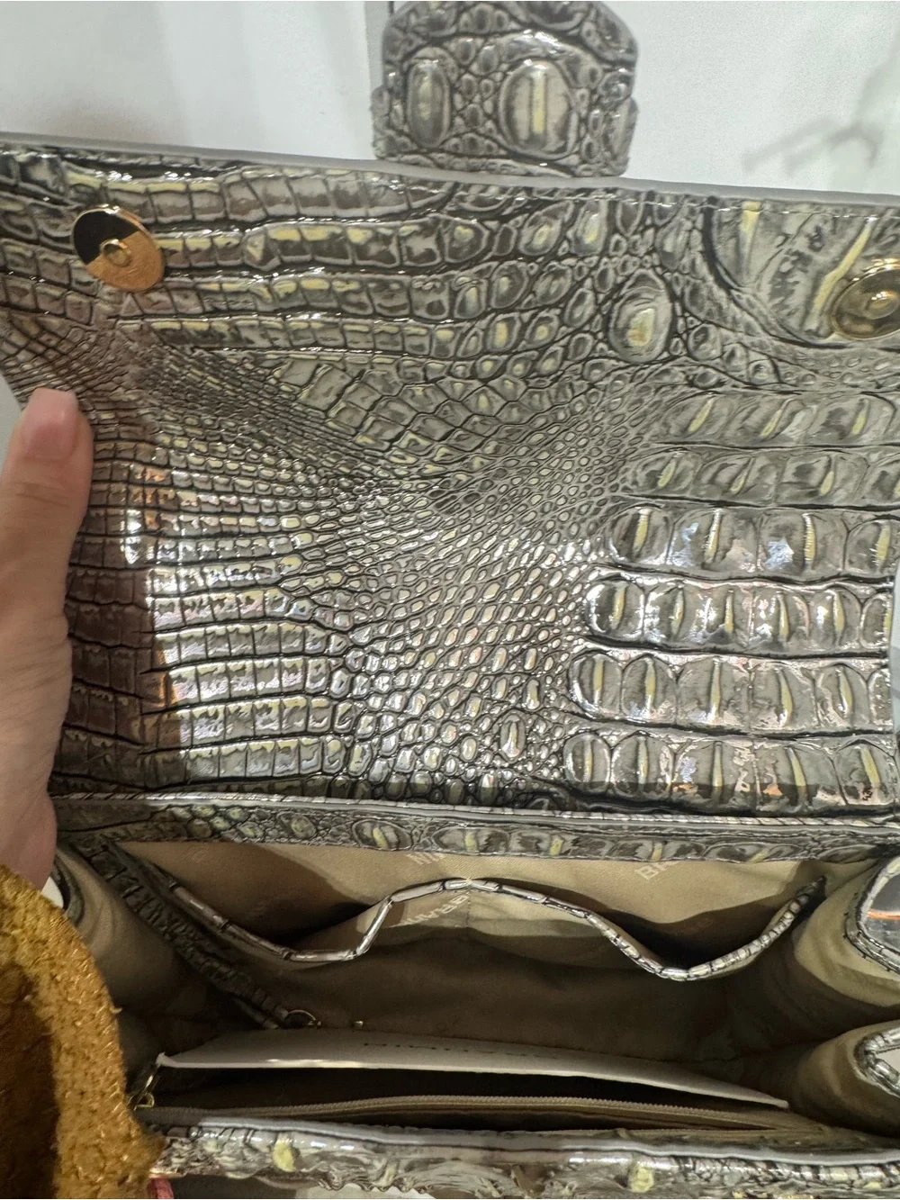Brahmin Hallie Silver Croc-Embossed Top Handle Satchel